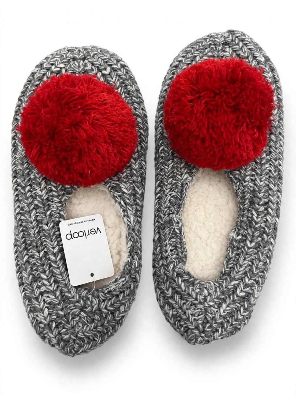 VERLOOP NWT S/M Knit Rib Loungers Gray Marled Red Pom Pom Sherpa Lined Slippers